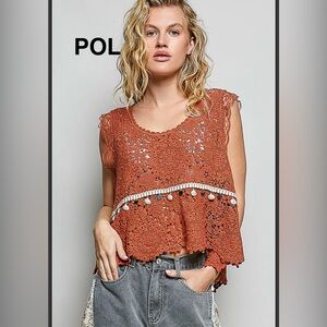 BP225-2🧡NEW!POL perfection in rust-pumpkin  Crochet Lace Pom-Pom Tank Top!